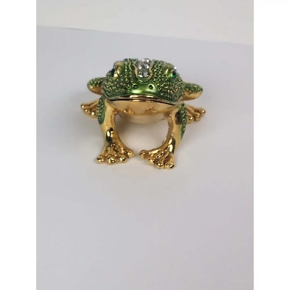 Hinged Keren Kopal Style Gold Tone Frog Trinket Box Rhinestones Green Eyes Vintg